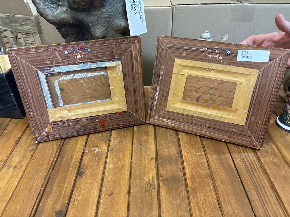 PAIR OF SMALL ORNATE GOLD FRAMED SPANISH OIL PAINTINGS OF PEOPLE - SIGNED