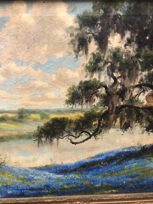FRAMED BLUE BONNET AND TREE OIL PAINTING SIGNED BY DOLLY NABINGER- AS FOUND