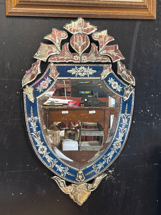 NOT OLD FANCY ETCHED SHIELD SHAPED VENTIAN GLASS MIRROR WITH BLUE BORDER - AS FOUND