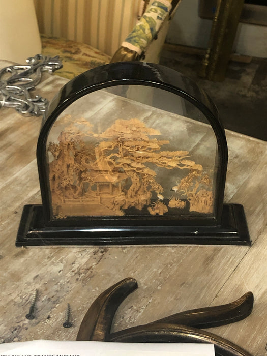 ARCHED CARVED ASIAN SCENE WITH PAGODA