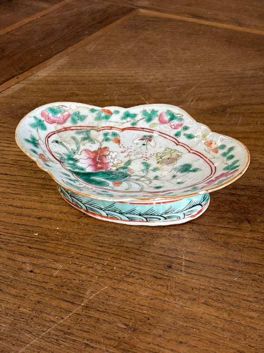 EARLY GREEN AND WHITE FOOTED CHINESE DISH - REPAIRED