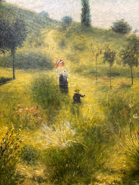 GILT FRAMED OIL PAINTING OF MOTHER WITH CHILD IN MEADOW
