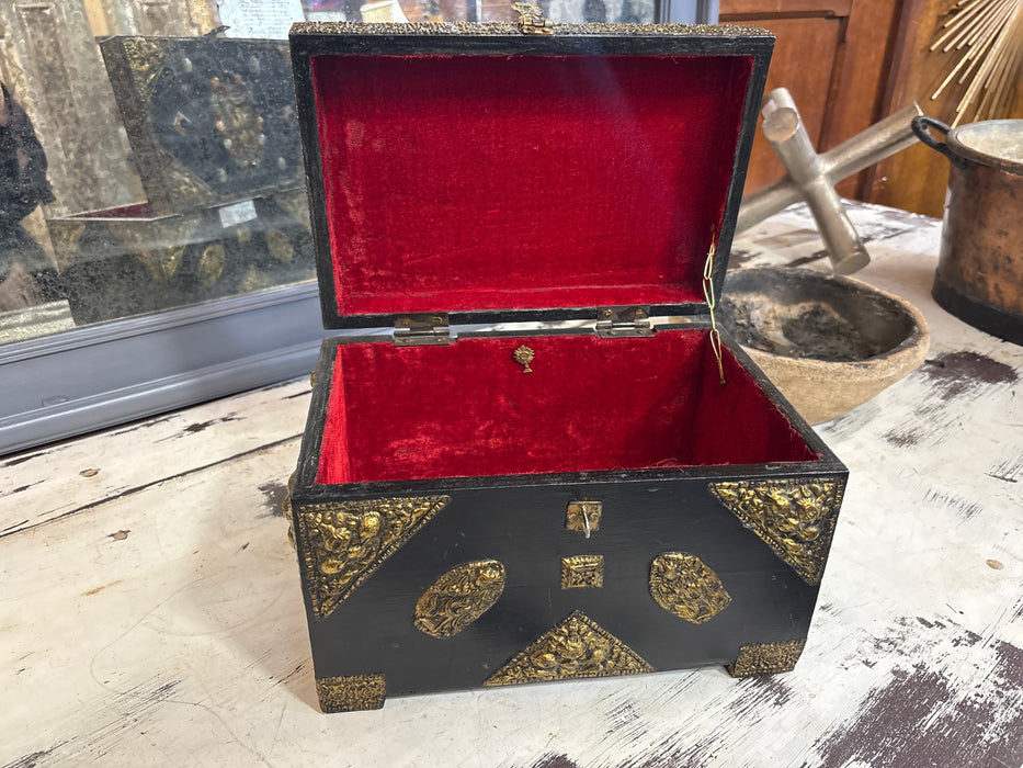 INDIAN BRASS CLAD BEJEWELED WOOD BOX WITH DEITY