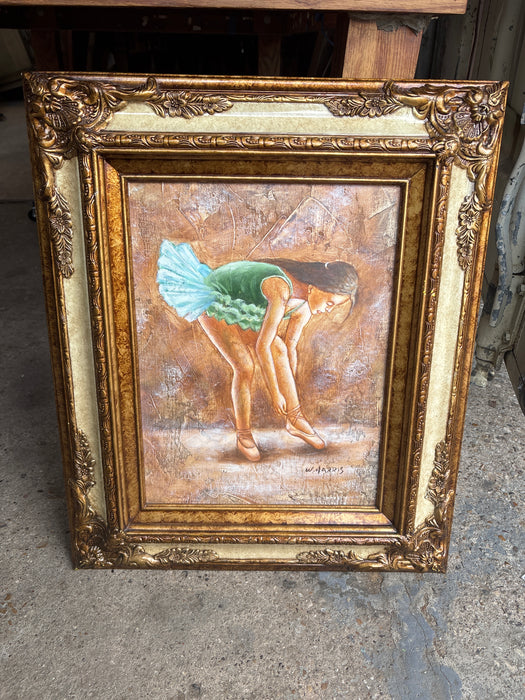 ORNATE GILT FRAMED BALLERINA WEARING GREEN OIL PAINTING - SIGNED W. HARRIS