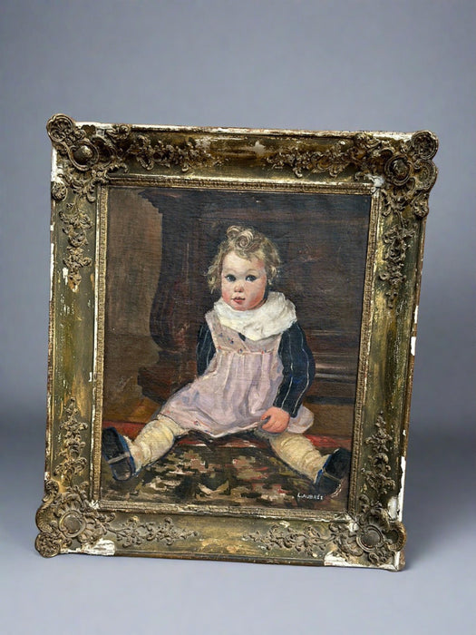 EARLY OIL PAINTING OF A CHILD IN AS FOUND FRAME BY L. AUBREE