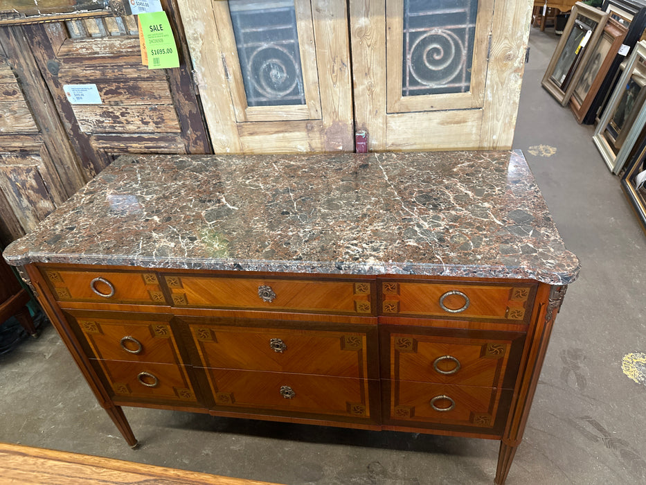 LOUIS XVI PUDDY MARBLE TOP WIDE CHEST WITH DRAWERS WITH BANDING AND PULLOUT DESK