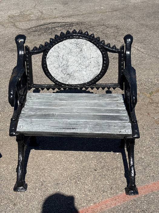 PAIR OF SMALL GREY CRACKLE IRON BENCHES FROM PARIS PARK