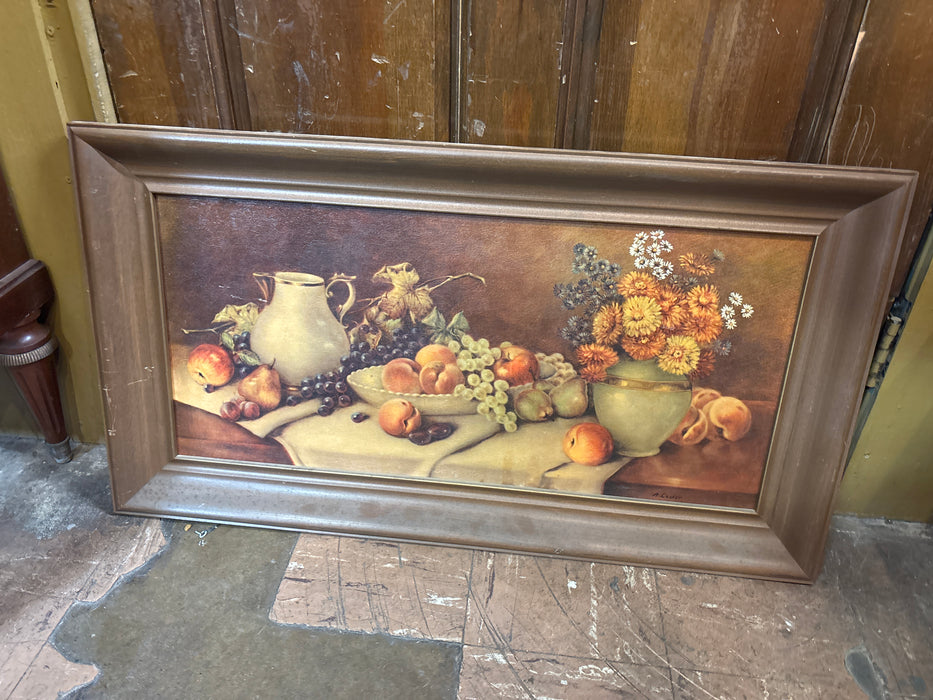 BROWN FLARED FRAMED STILL LIFE PRINT OF PEACHES AND GRAPES - SIGNED A. CODER