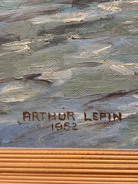 WOOD FRAMED OIL PAINTING OF HARBOR SCENE WITH BOY ROWING BOAT - SIGNED ARTHUR LEPIN 1952