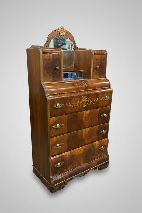 ART DECO HIGH BOY WITH MIRROR AND WATERFALL FRONT AND INLAY