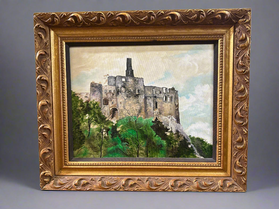 FRAMED OIL PAINTING OF CASTLE REMNANTS  BY MAUDE WATERS