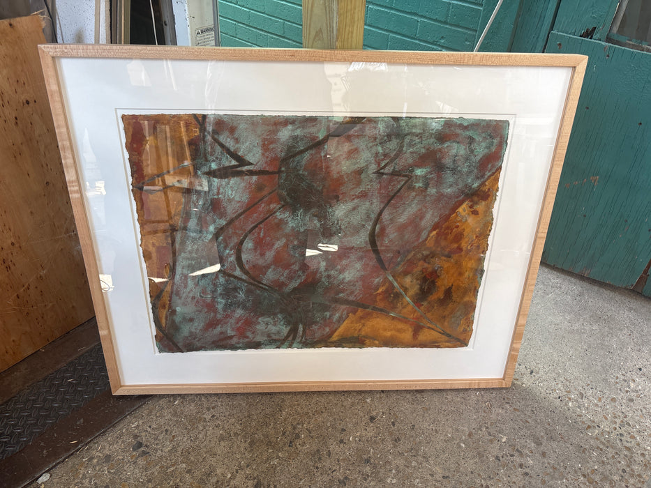 LARGE WOOD FRAMED MODERN ART PAINTING WITH WHITE MATTE