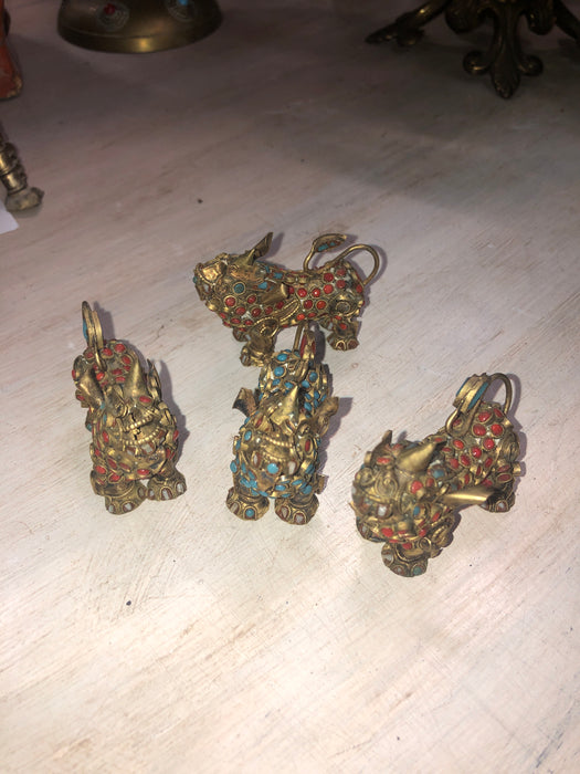 SET OF 4 SMALL TURQUOISE AND CORAL TIBETAN FOO DOGS