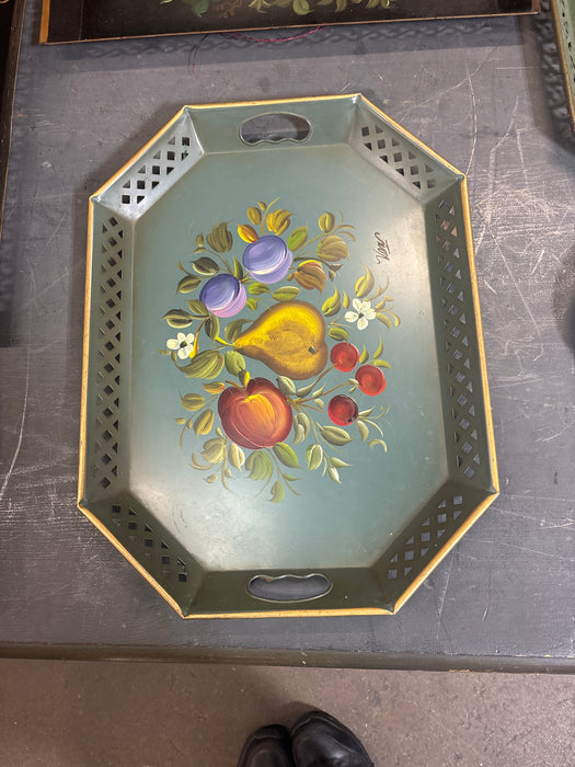 LARGE BLUE OCTAGON SHAPED FRUIT TOLE PAINTED TRAY