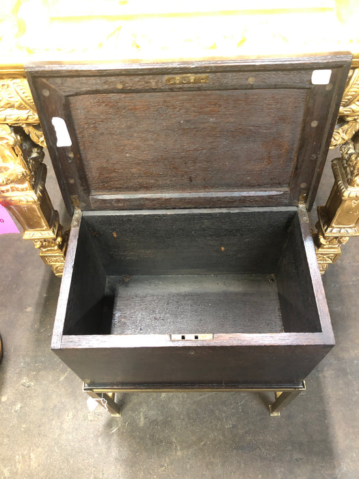 SMALL OAK BOX ON BRASS STAND