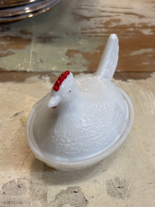 SMALL MILK GLASS HEN IN A BASKET - AS FOUND