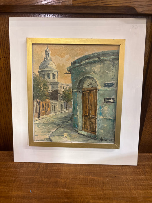 SMALL STREET SCENE OIL PAINTING WITH DOME - SIGNED MOLINA ‘84