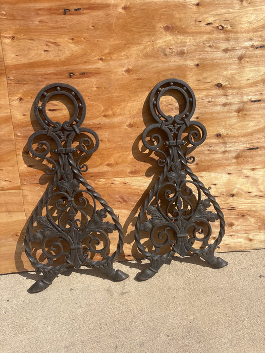 PAIR OF ITALIAN BLACK SCROLLY FOLIATE WROUGHT IRON ANDIRONS