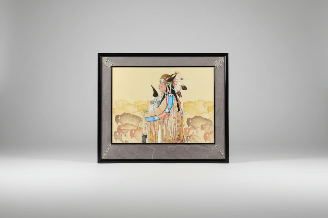 HUGE BLACK FRAMED OIL PAINTING ON CANVAS OF INDIAN WITH BUFFALO
