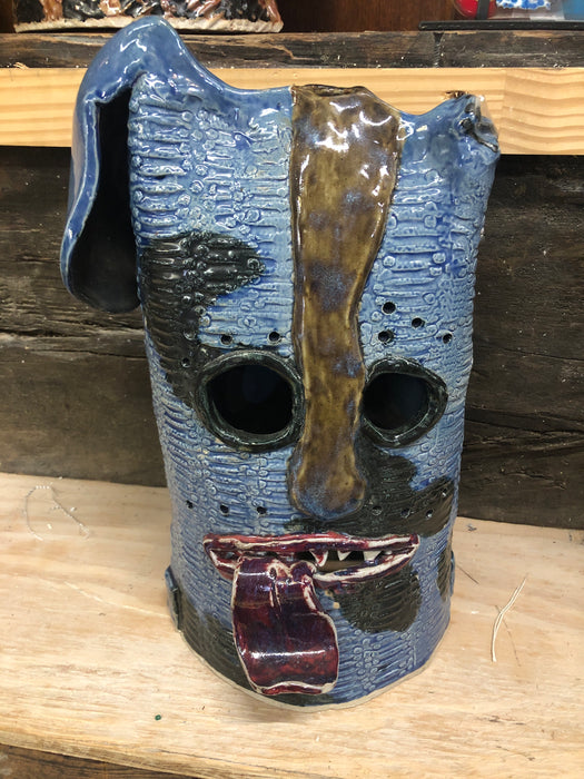 SMALL BLUE AND BLACK POTTERY HEAD WITH TEETH AND TONGUE BY TERRI WILDER