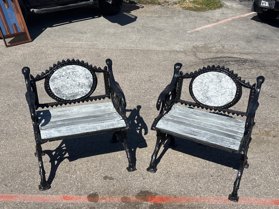 PAIR OF SMALL GREY CRACKLE IRON BENCHES FROM PARIS PARK