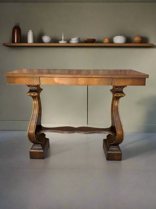 SMALL WALNUT CONSOLE WITH GILT TRIM