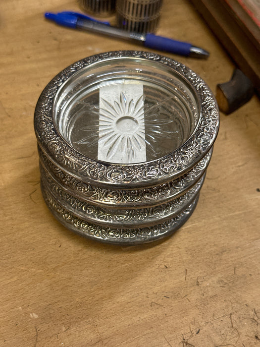 SET OF 4 CRYSTAL AND SILVER PLATE COASTERS