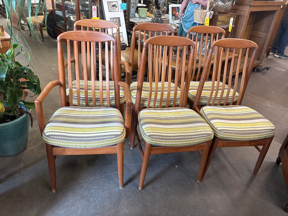 SET OF 6 BENNY LINDEN MID CENTURY MODERN OAK SLAT BACK GREEN UPHOLSTERED DINING CHAIRS 2 WITH ARMS