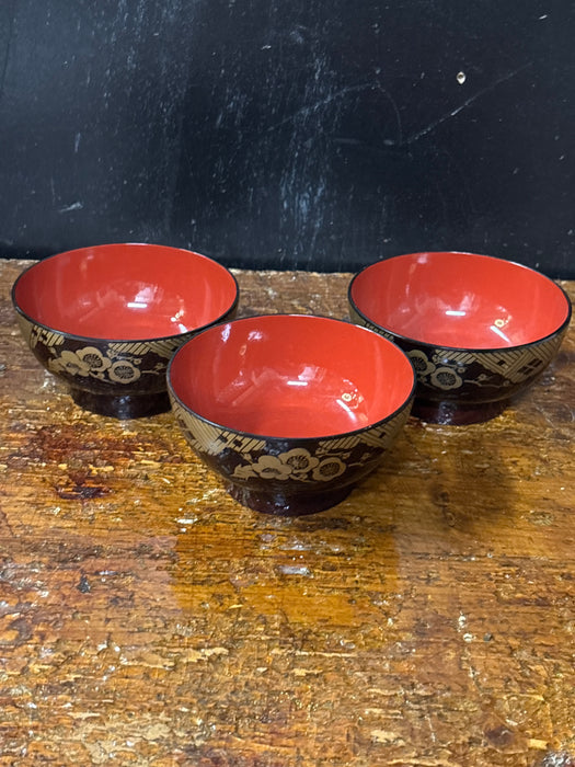 SET OF 3 RED AND BLACK RICE BOWLS