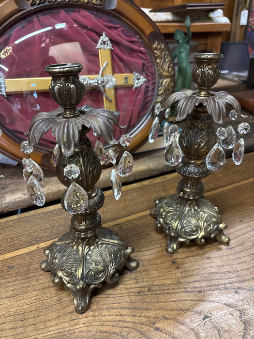PAIR OF CRYSTAL ALMOND PRISM ROCOCO METAL CANDLESTICKS