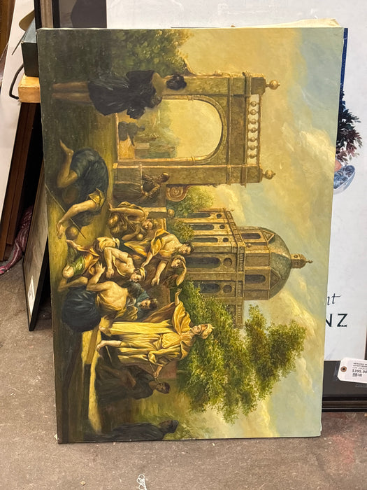 UNFRAMED LANDSCAPE OIL PAINTING OF SERVANTS BOWING TO THEIR MASTER NEAR AN ARCH
