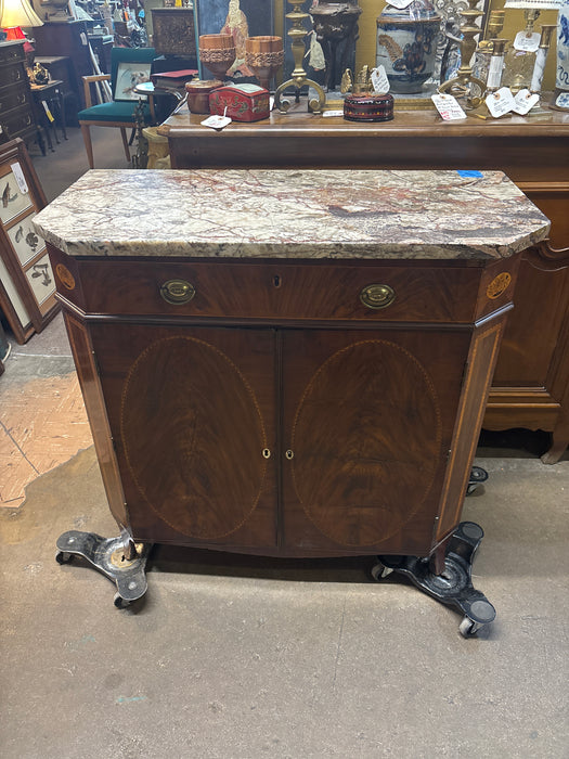 INLAID MAHOGANY MARBLE TOP CABINETS WITH CANTED CORNERS AND DRAWERS - AS FOUND MARBLE CORNER