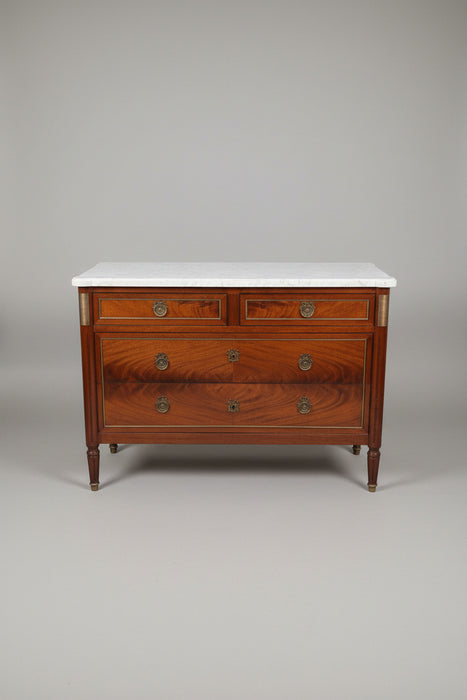 LOUIS XVI WHITE MARBLE TOP 4 DRAWER MAHOGANY CHEST