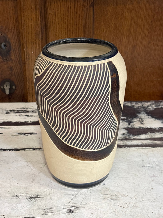 LARGE THROWN CREAM AND BROWN POTTERY VASE - SIGNED