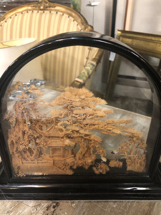 ARCHED CARVED ASIAN SCENE WITH PAGODA