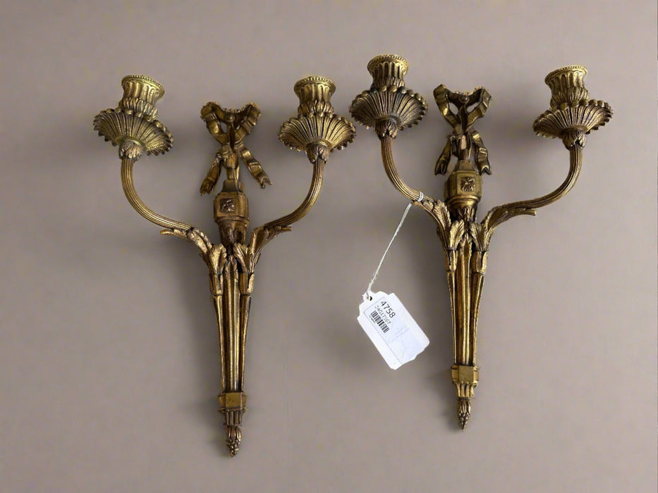 PAIR OF BRASS 2 LIGHT CANDLE WALL SCONCES