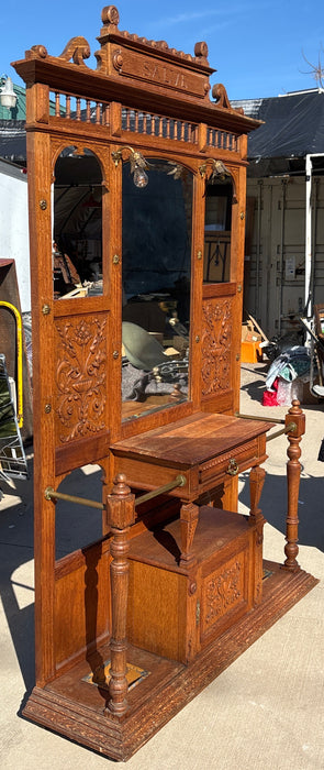 LARGE ORNATE FRENCH OAK HALL TREE WITH "SALVE" PEDIMENT