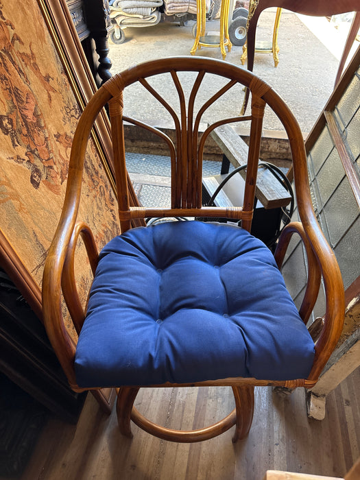 BAMBOO AND RATTAN SWIVEL CHAIR WITH BLUE UPHOLSTERY