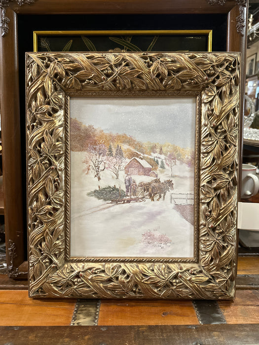 SILVER GILT FRAMED WINTER FARM SECNE OIL PAINTING BY MAUDE WATERS