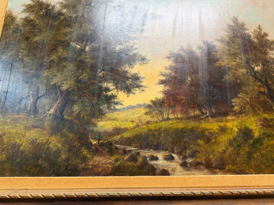 LARGE FRAMED SYLVAN LANSCAPE OIL PAINTING WITH STREAM BY W.E. POLDERMAN