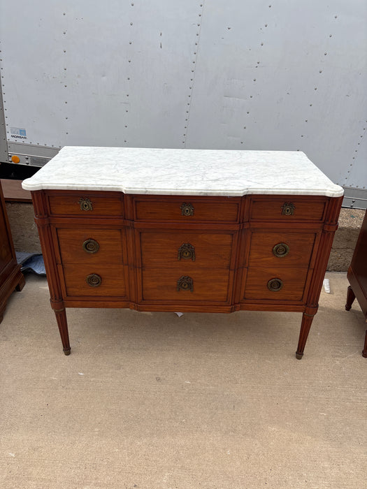 LOUIS XVI WHITE MARBLE TOP 5 DRAWER CHEST WITH RIBBION AND LAUREL PULLS