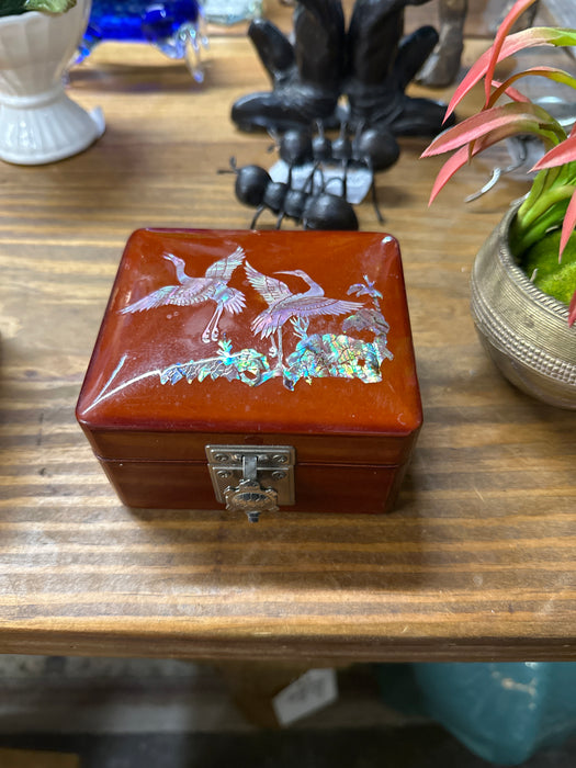 RED ASIAN BOX WITH INLAID CRANES