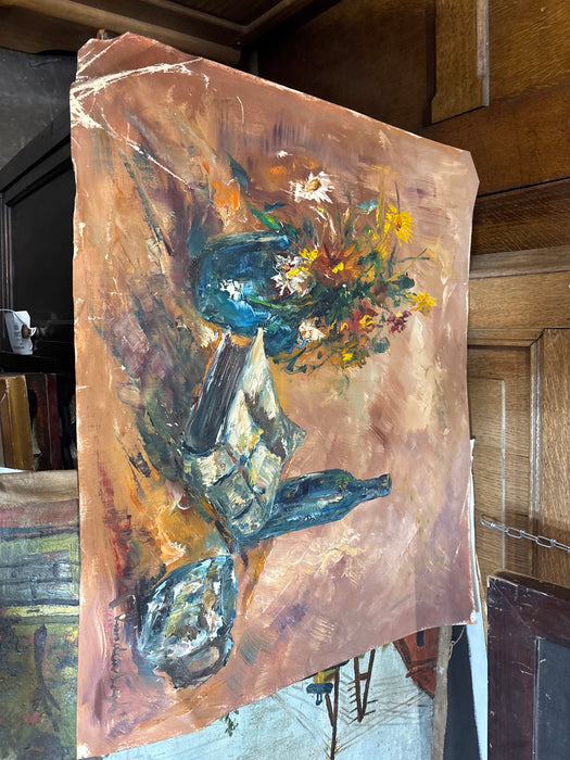 STILL LIFE OIL PAINTING OF DESK WITH FLOWERS - SIGNED - AS FOUND