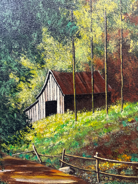 BROWN FRAMED ACRYLIC PAINTING OF BARN ALONG FOREST PATH WITH LINEN FILET - SIGNED THEDA SCROGGINS