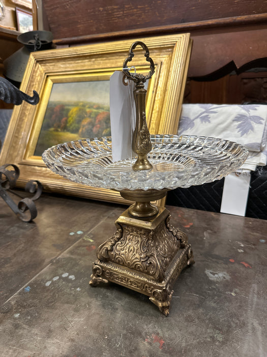 INDIAN BRASS WITH CRYSTAL FOOTED TIDBIT TRAY