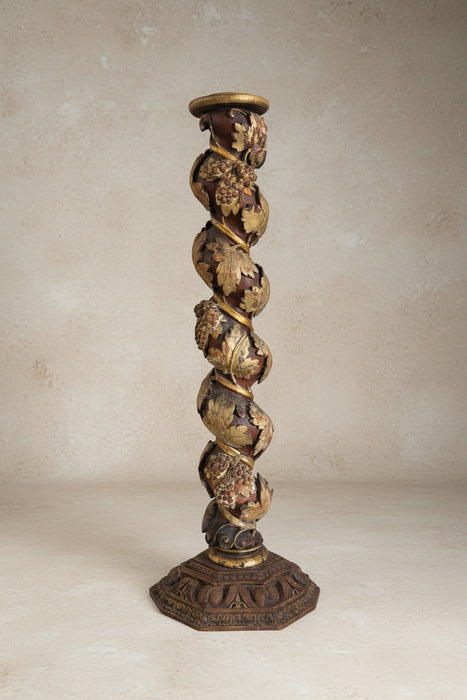 BAROQUE GRAPE VINE CARVED PEDESTAL COLUMN WITH HIGH RELIEF