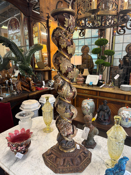 BAROQUE GRAPE VINE CARVED PEDESTAL COLUMN WITH HIGH RELIEF