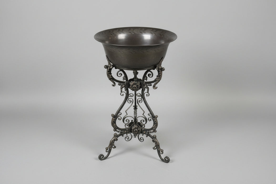 AS FOUND IRON STAND WITH COPPER BOWL BY THEODORE ALEXANDER