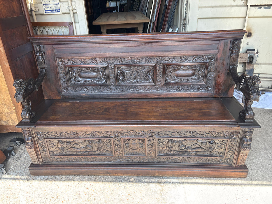 LONG CARVED LION ARM BENCH WITH FLIP TOP
