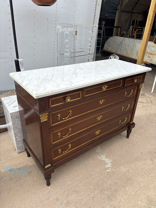 LARGE LOUIS XVI WHITE MARBLE TOP 6 DRAWER MAHOGANY CHEST WITH FANCY BAIL PULLS AND BRASS TRIM